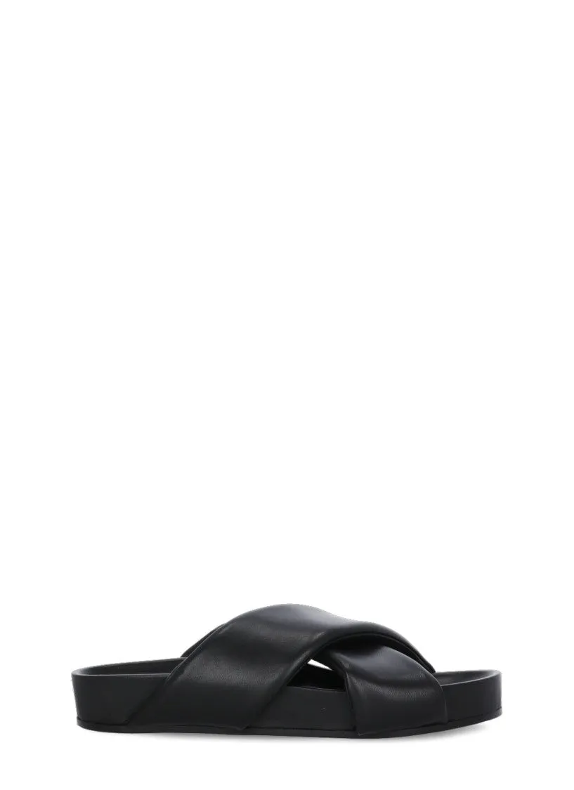 Black Leather Padded Slipper With Cross-Straps