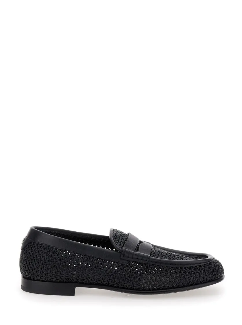 Black Slip-On Loafers In Woven Rafia