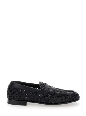 Black Slip-On Loafers In Woven Rafia