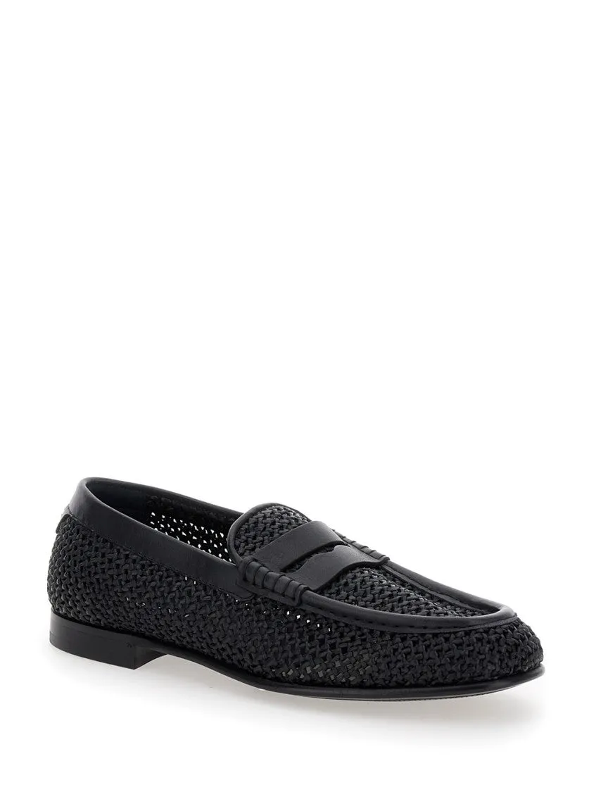 Black Slip-On Loafers In Woven Rafia