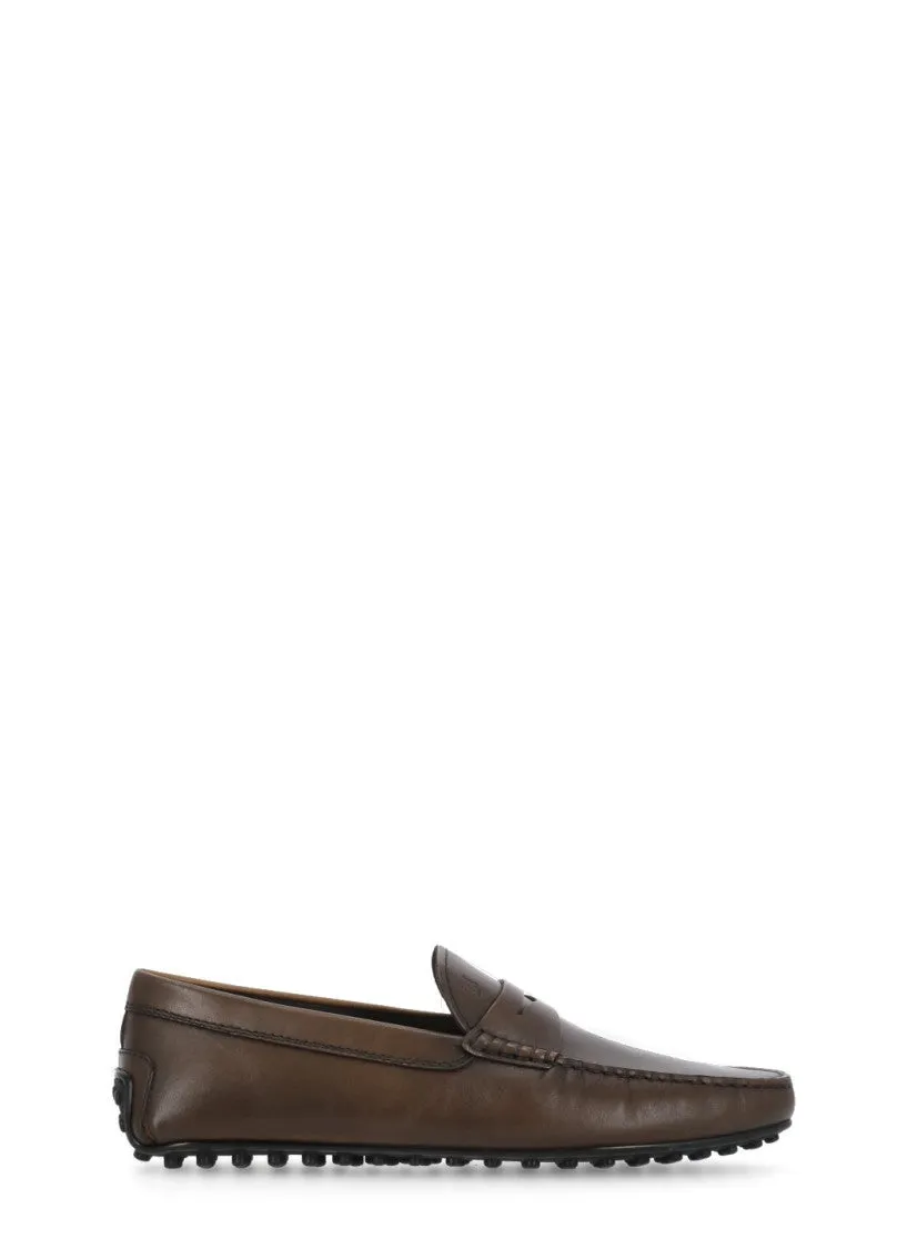 Brown Smooth Leather Loafers With Embossed Logo