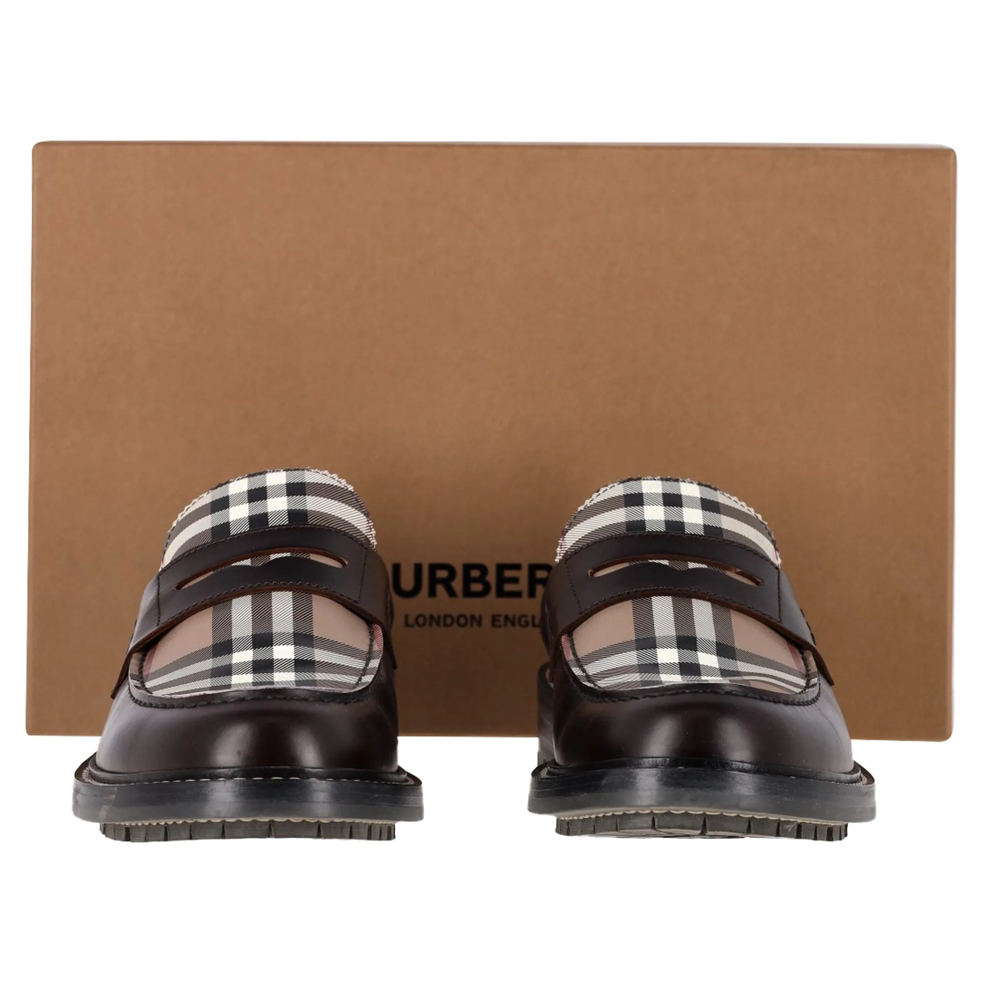 Burberry Checked Penny Loafers in Brown Leather