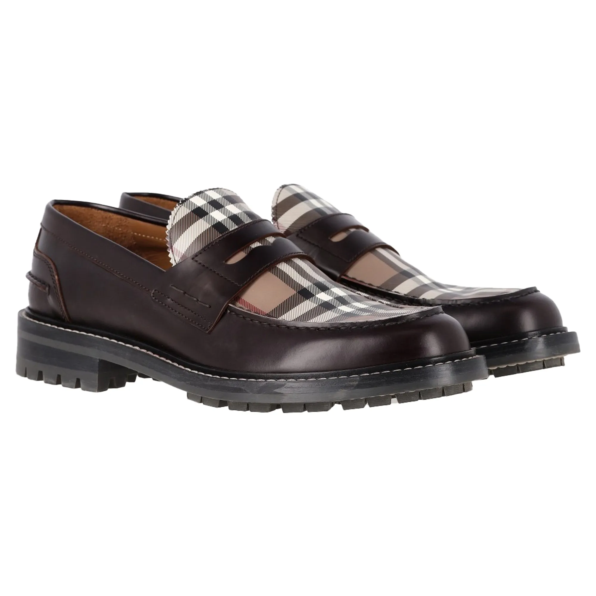 Burberry Checked Penny Loafers in Brown Leather