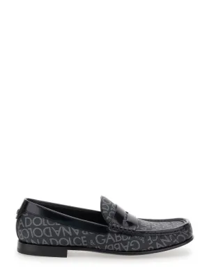 City' Black Loafers With All-Over Logo In Cotton And Leather