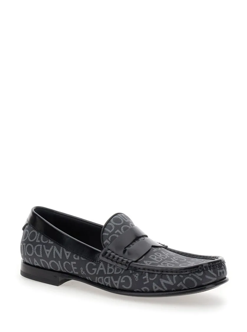 City' Black Loafers With All-Over Logo In Cotton And Leather
