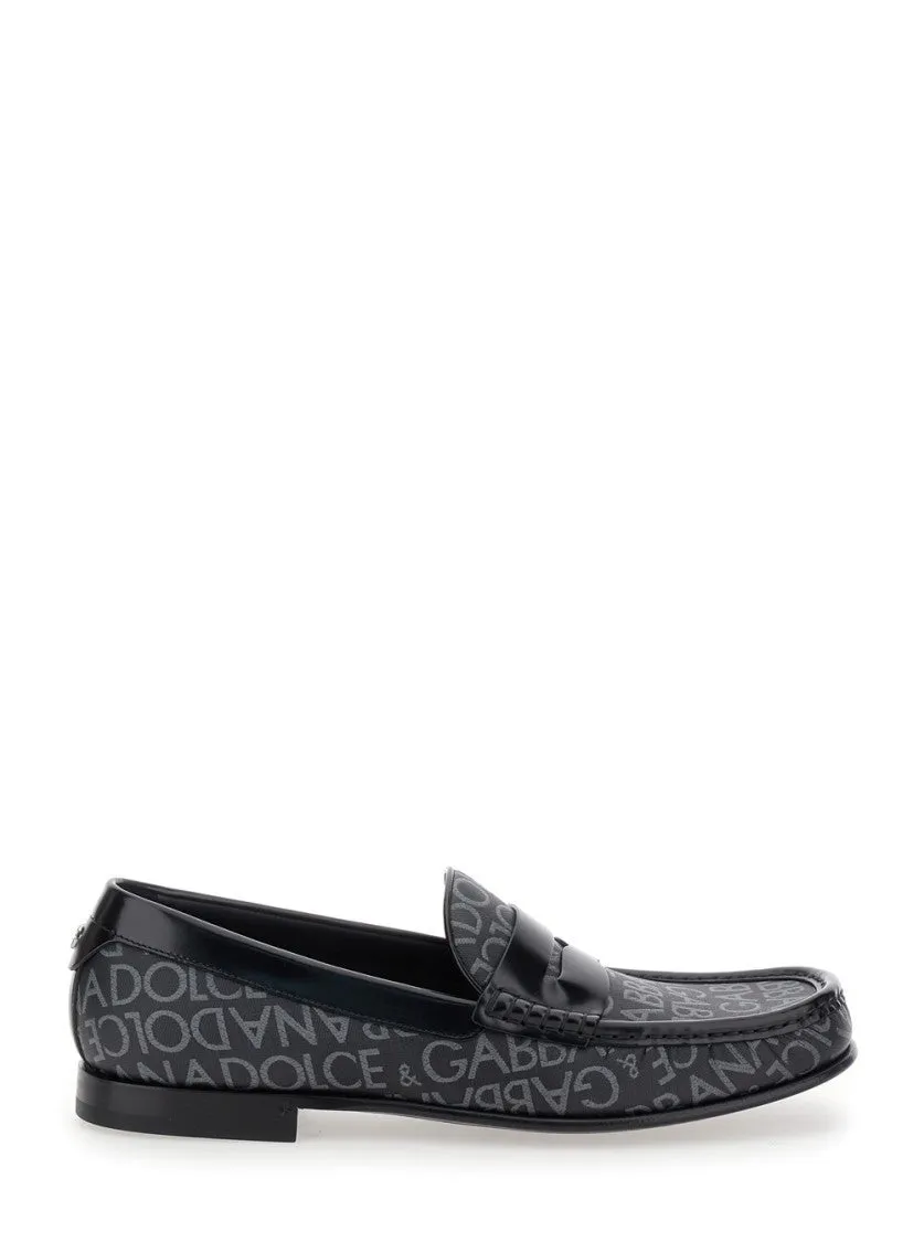 City' Black Loafers With All-Over Logo In Cotton And Leather