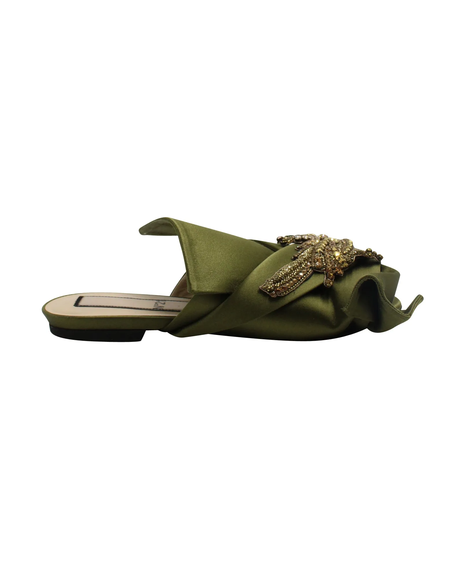 N.21 Raso Knot Flat Embellished Slides in Green Satin