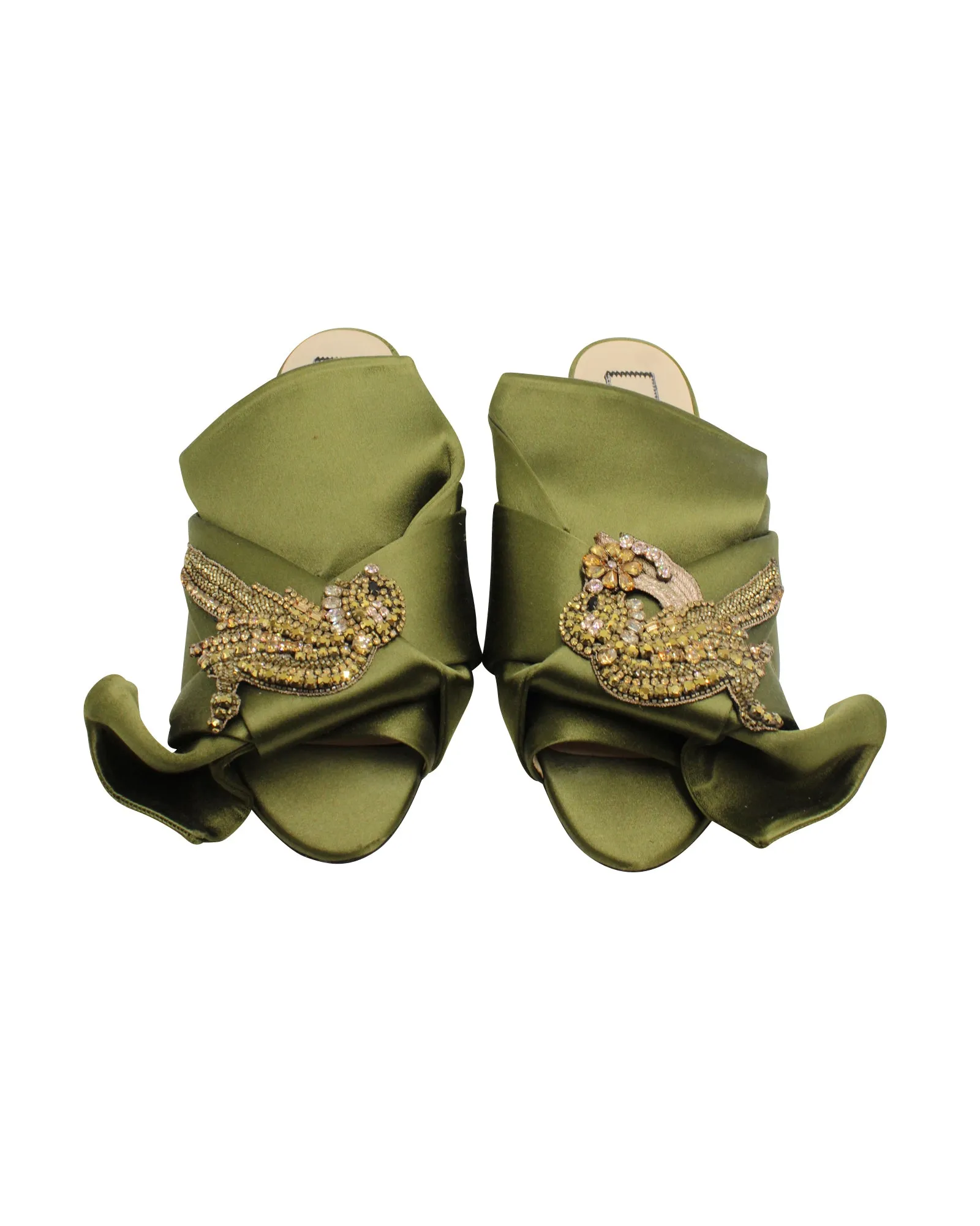N.21 Raso Knot Flat Embellished Slides in Green Satin