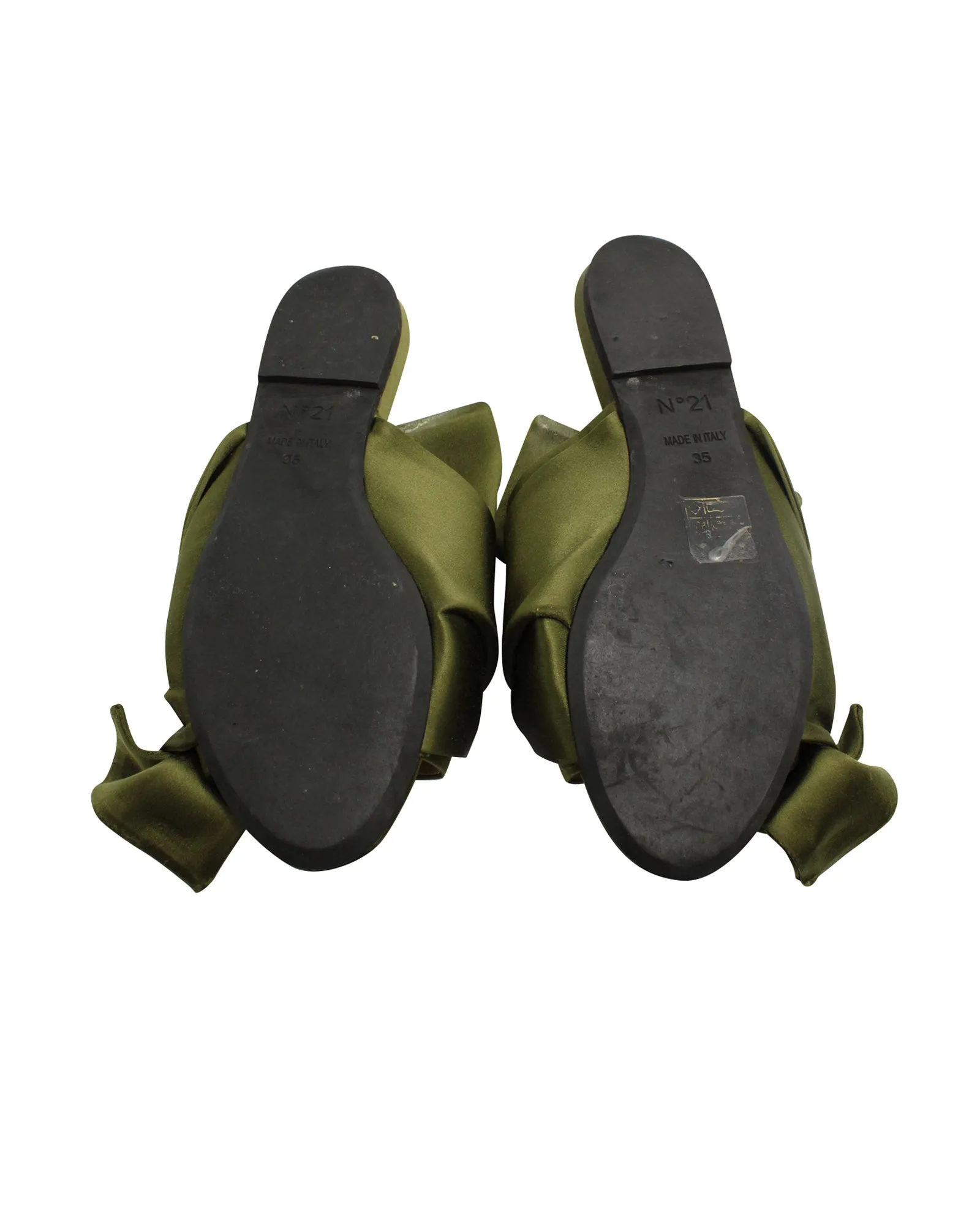 N.21 Raso Knot Flat Embellished Slides in Green Satin