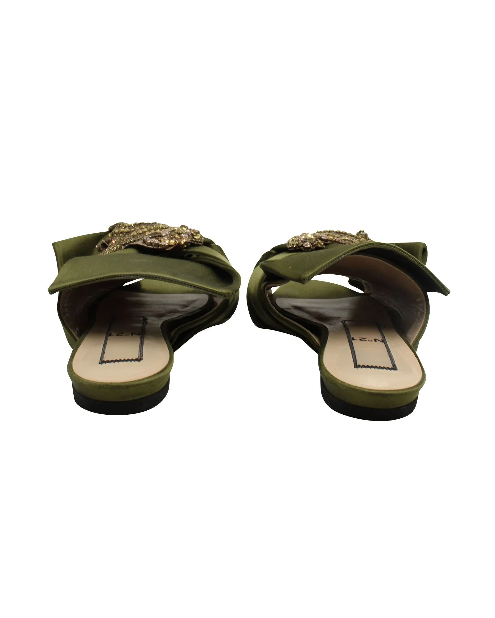 N.21 Raso Knot Flat Embellished Slides in Green Satin