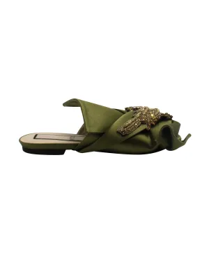 N.21 Raso Knot Flat Embellished Slides in Green Satin