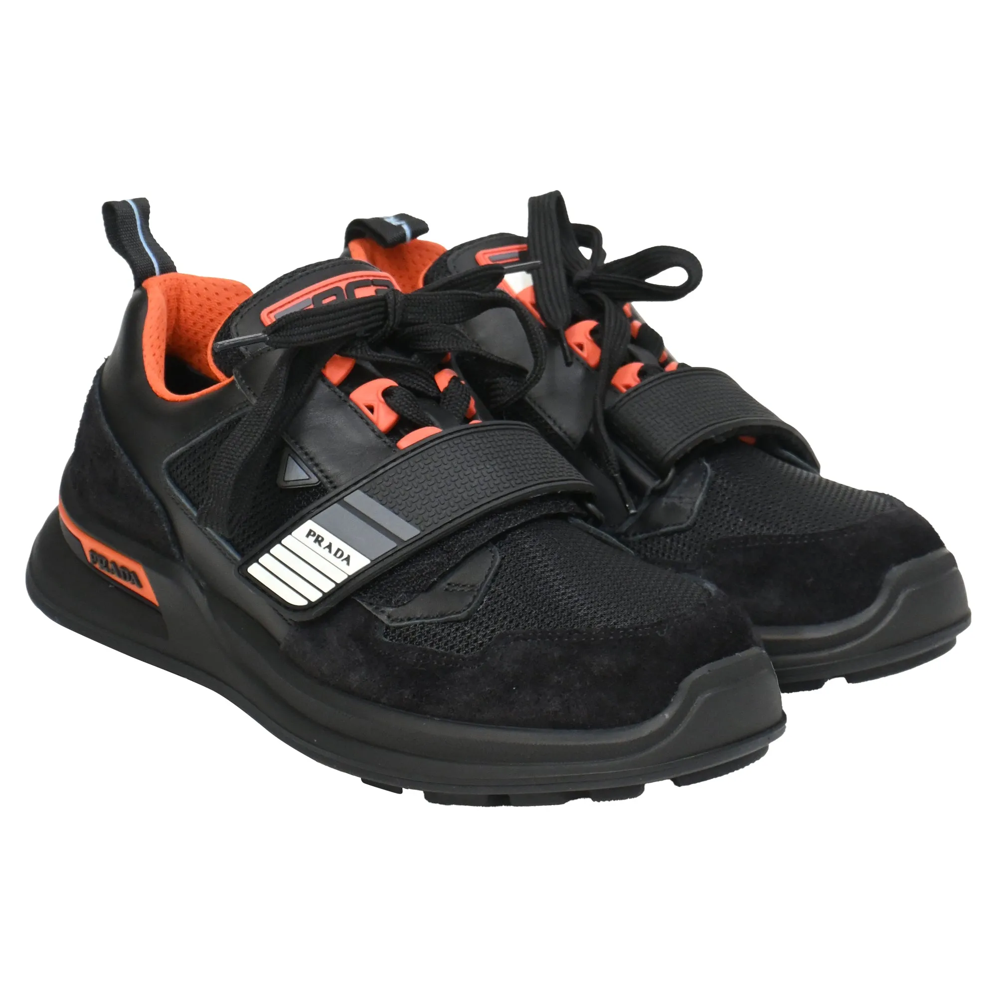 Prada Mechano Sneakers in Black Orange Leather
