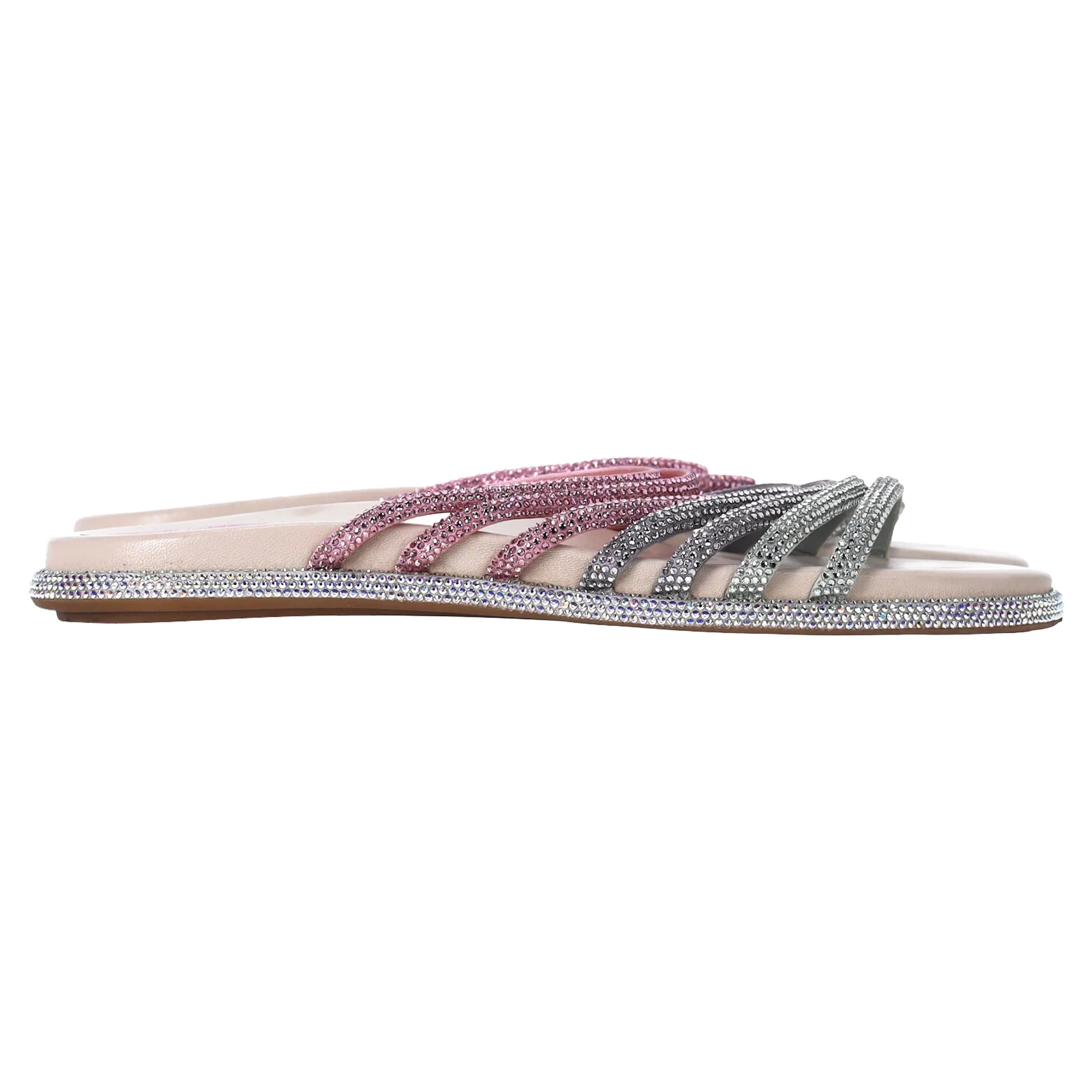 Ren Caovilla Frida Crystal-Embellished Strappy Slippers in Multicolor Leather